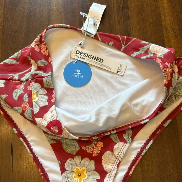NWT Cupshe High-Waist Bikini Bottom Red Floral Size Large - Picture 3 of 8